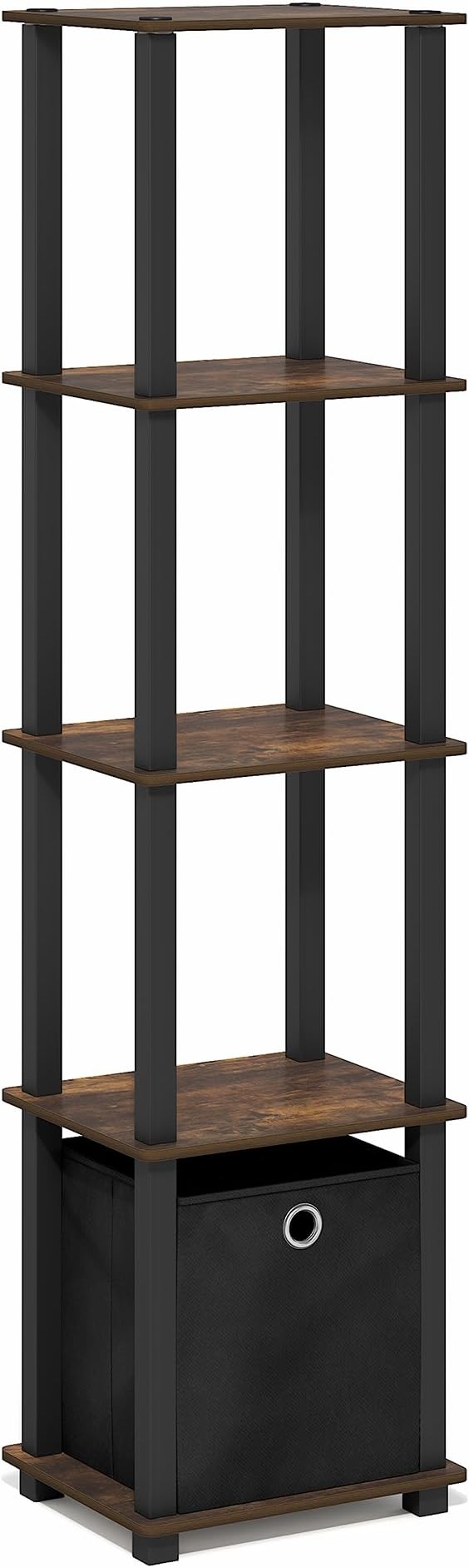 Furinno Turn-N-Tube Book Shelf, 5-Tier Square Open Frame Display Shelf, Corner Storage Shelves with Storage Bin, Shelving Unit, for Organization, Living Room, Garage, Home Office, Amber Pine