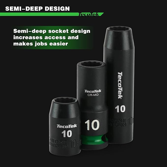 3/8-Inch Drive 12-Point Metric Semi-Deep Impact Socket Set, Mid-Length Socket Set, 7mm to 19mm, CR-MO, Stamped and Ink Filled Size Marking, 13-Piece