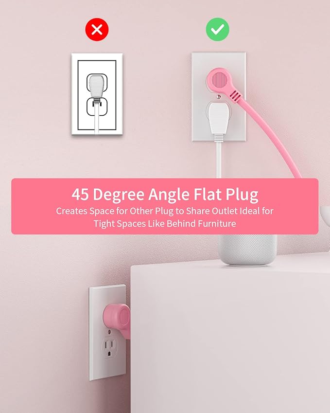 Rose Pink Power Strip with USB, NTONPOWER Flat Plug Extension Cord Nightst&Desktop Charging Station with 3 Outlet &2 USB, Wall Mount, Small Size for Dorm Room Home Office Travel, ,'5 FT Cord