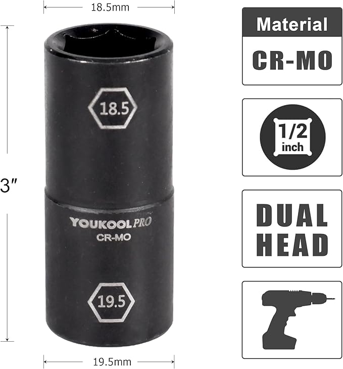 1/2-Inch Drive Double Ended Impact Socket, 18.5mm x 19.5mm, 6-Point,Half Size Lug Nut Thin Wall Wheel Protector Nut Socket, Made from Robust and Anti-Corrosive Steel