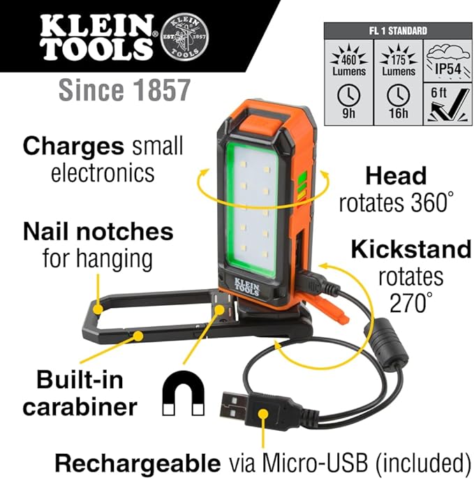 Klein Tools 56403 LED Light, Rechargeable Flashlight/Worklight with Kickstand, Magnetic Mount, and Carabiner, Charges Small Electronics, for Work, Camping