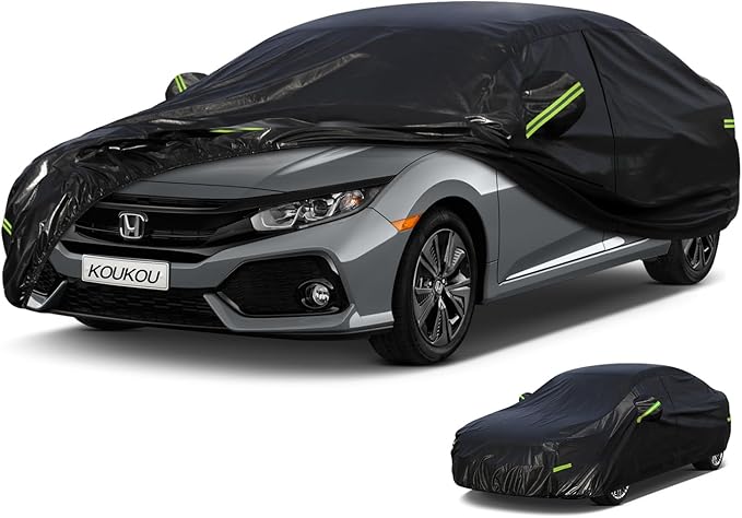 KouKou Car Cover Waterproof All Weather, 7 Layers Outdoor Car Covers for Automobiles with Zipper, Universal Fit Sedan Honda Civic,Toyota Corolla, Hyundai Elantra, Kia Forte, ect.(Length 178-185 inch)
