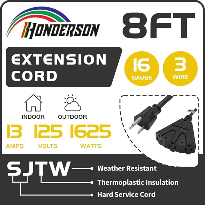 3-Outlets Indoor Outdoor Extension Cord Weatherproof, UL Certified, 16 Gauge 8FT Black 3 Prong Heavy Duty, 16/3 SJTW 13A Power Cord