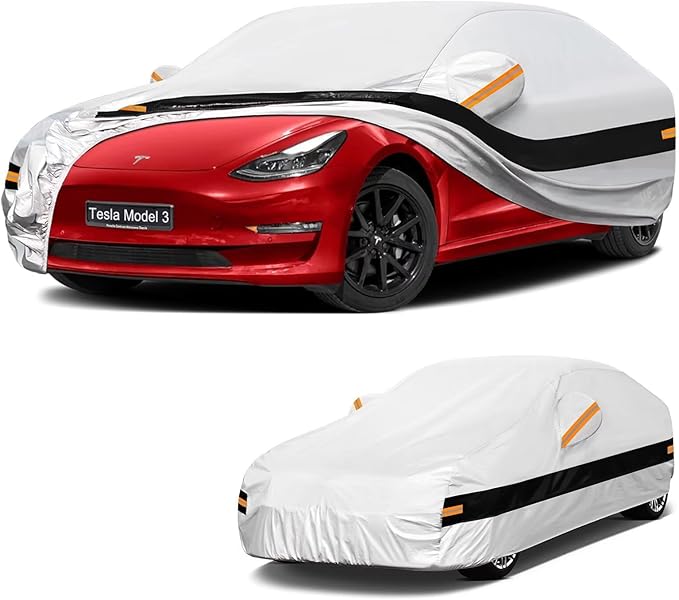 10 Layers Car Cover Custom Fit for Tesla Model 3 (2017-2026), Waterproof All Weather for Automobiles, Outdoor Full Cover Sun Dust Rain Protection with Cotton. Silver