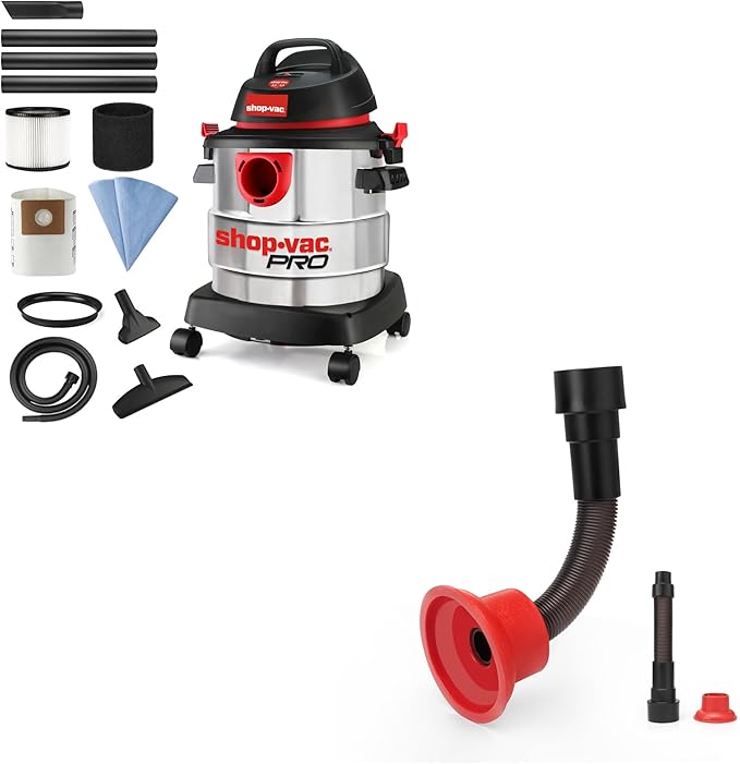 Shop-Vac 5 Gallon 4.5 Peak HP Wet/Dry Vacuum, Stainless Steel Tank, Portable Shop Vacuum with Attachments 2-in-1 AC Drain Line Unclogger Tool, Universal Fit HVAC Drain Line Cleaner Adapter