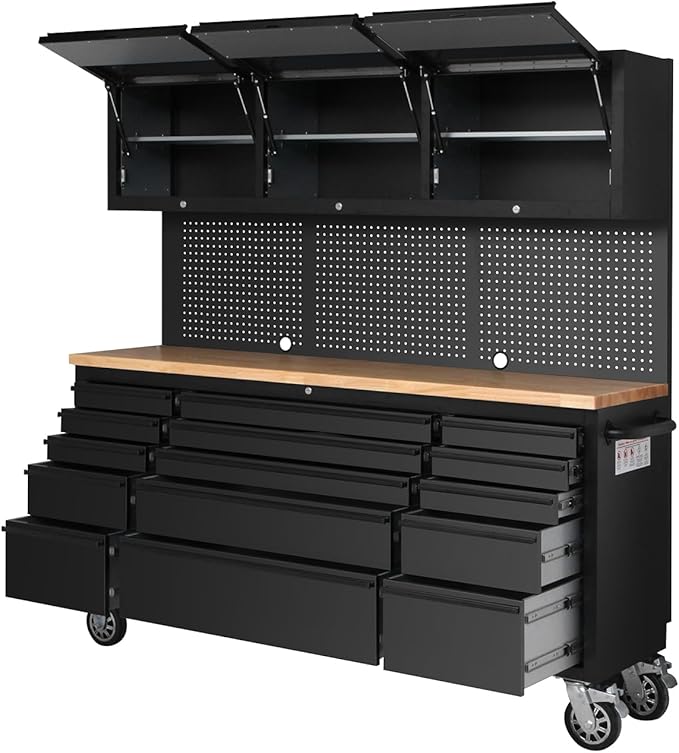 72 Inch Heavy-Duty Garage Workbench with 15 Drawers & 3 Cabinets, Steel Frame Workshop Table for Mechanics, Garage Organization, Large Tool Bench Storage with Pegboard, Black