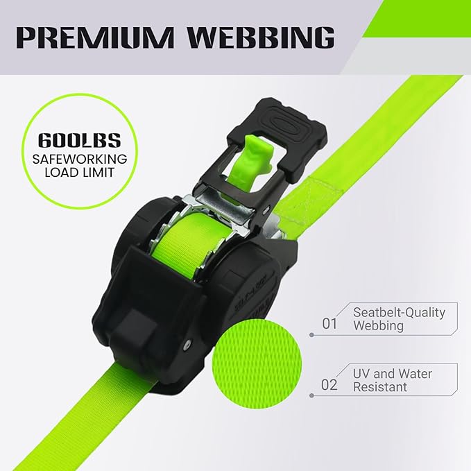 Retractable Ratchet Straps (4-Pack) - Heavy Duty Auto Slow Retraction Tie Down Straps - 1 Inch x 13 Feet (1,800lb Break Strength) for Truck, Cargo Trailer, Motorcycle, ATV, UTV - Green