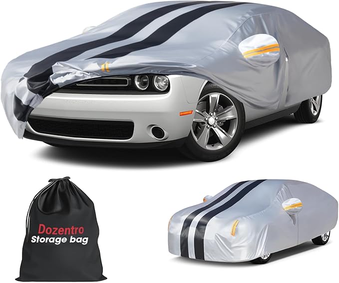 Multi-Layer Car Cover Custom Fit for Dodge Challenger Standard(2011-2023), 100% Waterproof All Weather for Automobiles, Gift with Towel, Heavy Duty Car Covers for Rain Sun UV Protect with Door Zipper