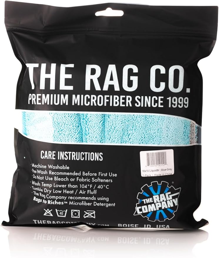 The Rag Company - The Liquid8r - Absorbent 70/30 Blend Microfiber Drying Towel for Cars, Trucks, SUVs, Safe for Detailing + Scratch Free, Twist Loop, 1100gsm, 16in x 16in, Aqua Blue/Grey (2-Pack)