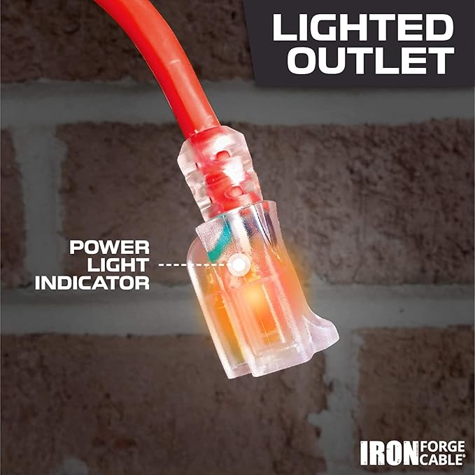 Iron Forge Cable Lighted Outdoor Extension Cord 25 ft - 14 Gauge 15 Amp Heavy Duty Power Extension Cords - SJTW - Great for Major Appliances, Power Tools, Garden Supplies - Red