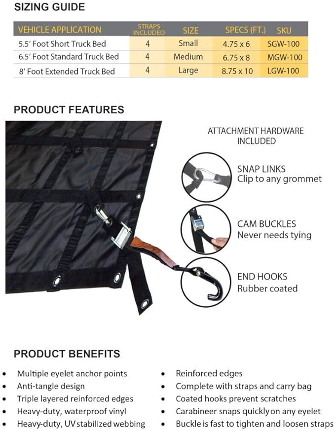 Waterproof Gladiator Cargo Net- Heavy Duty Truck Cargo Net Tarp (LGW-100) Medium: 8.75' x 10'