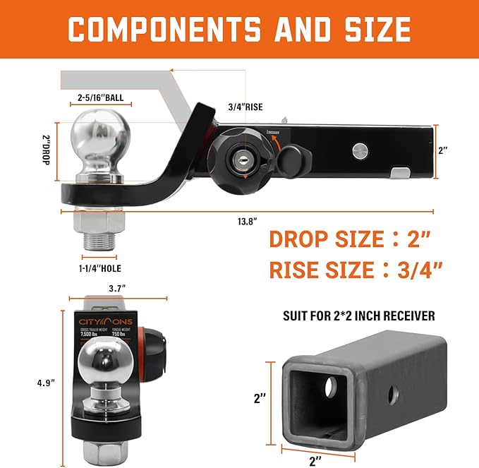 Endo-Hitch Trailer Ball Mount, Reduce Sway Anti-Rattle, 2" Drop Hitch with 2-5/16" Ball for 2" Receiver, Tow Hitch with Lock for Rv/Truck/Yachts/ATV/UTV, 10000 LBS GTW