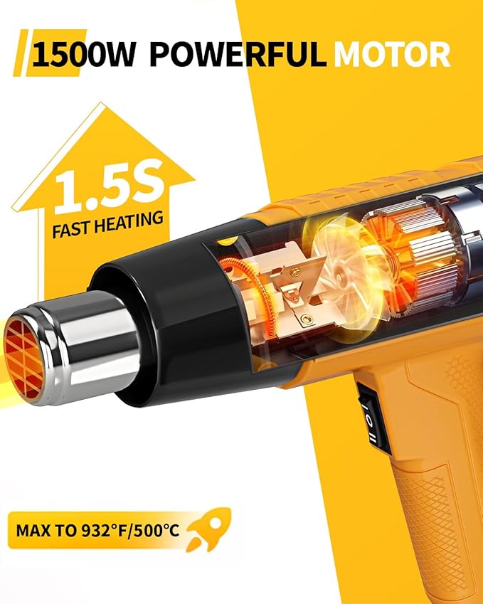Tarlido Heat Gun 1500W 572°F-932°F(300°C-500°C) Fast Heating Heavy Duty Hot Air Gun Kit Variable Temperature Control Overheat Protection with 4 Nozzles for Crafts, Shrinking Pvc, StrippingPaint ﻿