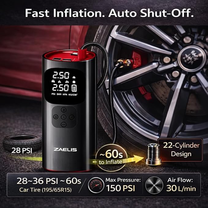 Tire Inflator Portable Air Compressor - 3X Faster 150PSI Air Pump for Car Tires, 12V DC Cordless Tire Inflator with LED Light & Digital Pressure Gauge, Electric Pump for Car, Bike, Motor, Ball