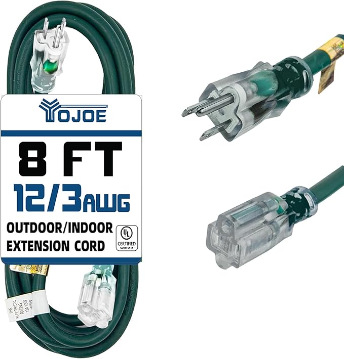 YOJOE Indoor Outdoor Extension Cord with Lighted End, 3 Prong 15A Weatherproof Power Cord, 12 Gauge Heavy Duty 8 ft Green Extension Cord for Garage, Garden and Home, 12/3 SJTW UL Listed