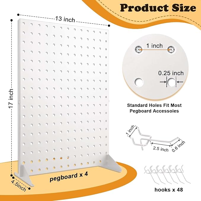 4 Pack Peg Board Display Stand for Vendors with 48 Hooks Metal Tabletop Pegboard Display Stand for Craft Shows 17" X 13" Retail Display Racks For Jewelry Earring Keychain PegBoard Organizer White