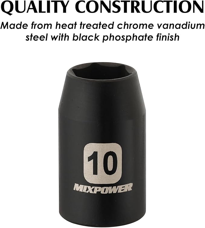 MIXPOWER 10PCS 1/4" & 3/8" Drive 10mm Deep&Shallow Socket, 6 Point & 12 Point, CR-V, Metric, Black Phosphate Finish…