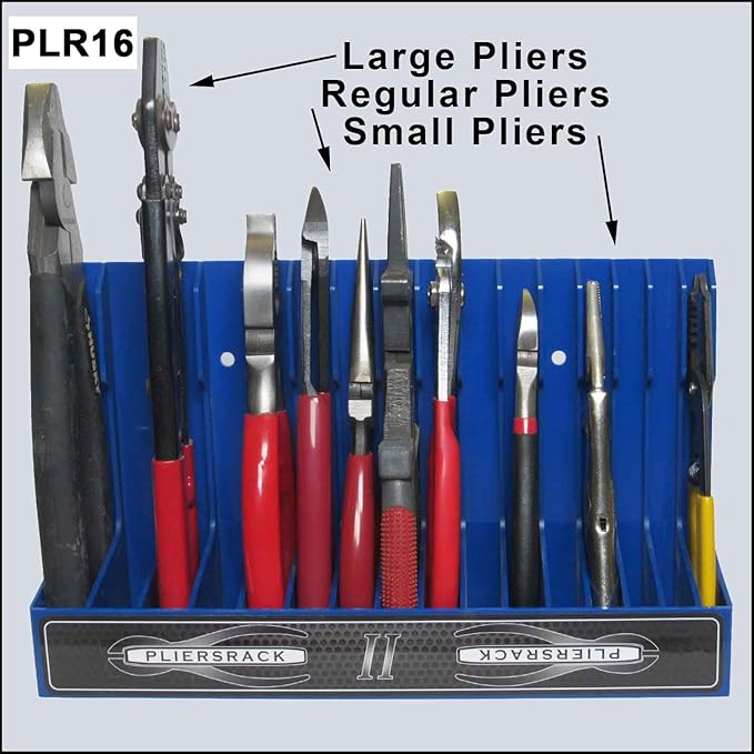 PLR16 Red Pliers Rack mounts on your peg board, or fits in your toolbox drawer. Plier storage for Regular & smaller pliers. Holds spring loaded pliers closed. Has a special tilt feature.