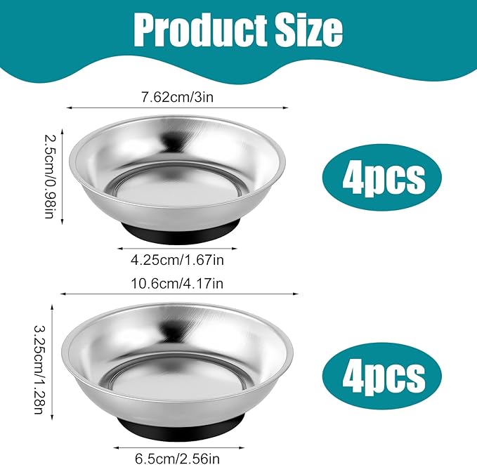 8 Pack 3 Inches 4 Inches Round Magnetic Tray, Stainless Steel Magnetic Bowl, Round Magnetic Parts Tray for Pins, Screws, Bolts, Nuts, Small Parts