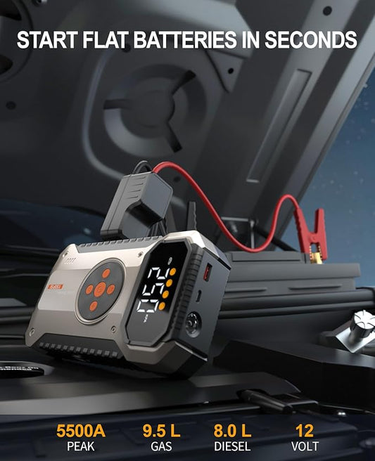 Portable Jump Starter with Air Compressor 5500A, 12V Car Charger Jump Starter Power Pack,150 PSI Tire Inflator and Jumper Box for 9.5L Gas/8.0L Diesel