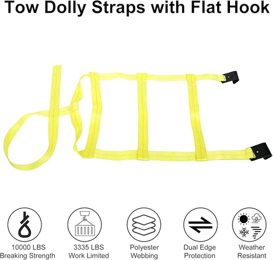 Set of 2 Tow Dolly Straps with Flat Hook, Yellow Basket Strap, Fits Most 16-20" Tires Webbing Ratchet Straps 10000 lbs Breaking Strength