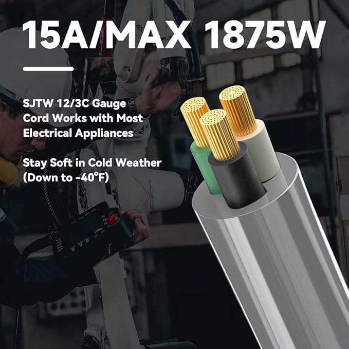 Indoor Outdoor Extension Cord, 12 Gauge 3 Prong Weatherproof Heavy Duty Gray Extension Cords, 12/3 SJTW 15A 10 FT Extension Cable for Garage, Garden and Home, UL Listed