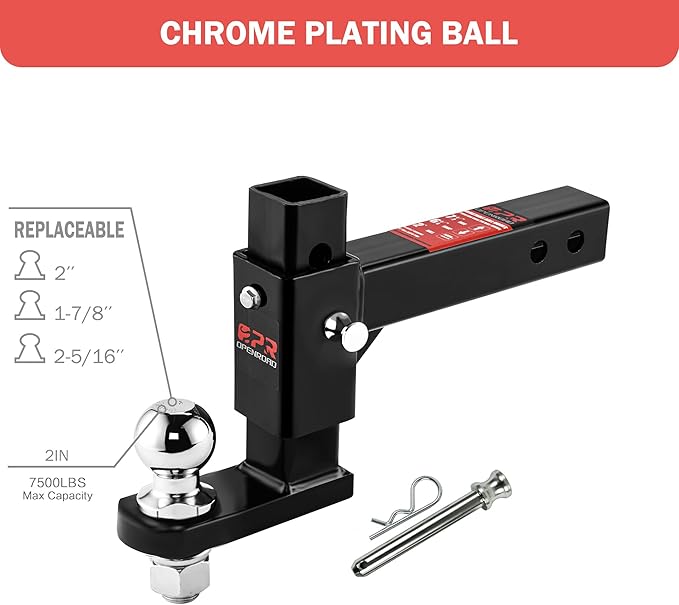 OPENROAD Adjustable Trailer Hitch Ball Mount Fits 2-Inch Receiver, 2’’ Ball 7500LBS, 6 7/8" Drop/ 5 1/2" Rise Drop Hitch, Hitch for Heavy Duty Truck with Pins