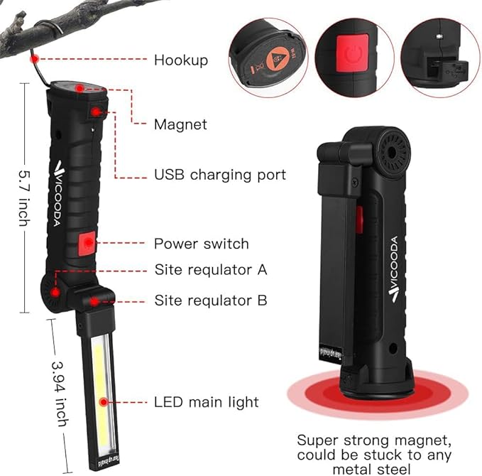 LED Rechargeable Work Light with Magnetic Base Hanging Hook, 360° Rotate 5 Modes, Mechanic Flashlight for Car Repair, Grill, Outdoor, Emergency, Tight Spaces - Tool Gifts for Men (4 Pack)