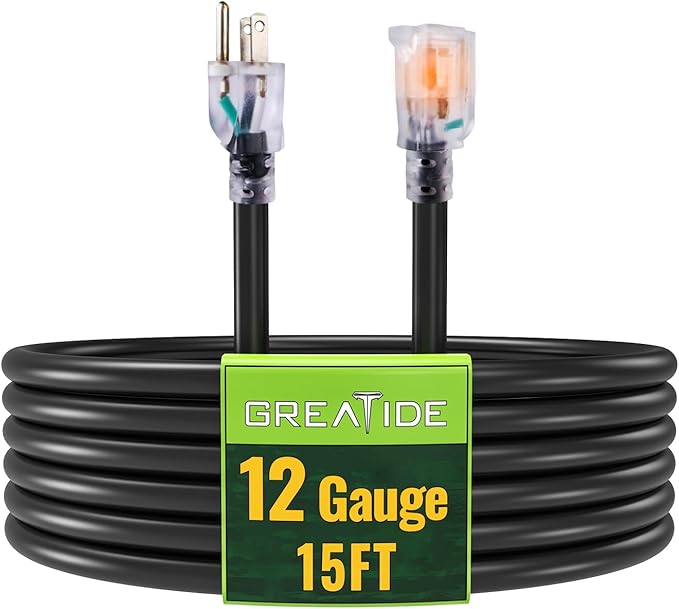 Outdoor Extension Cord with Lighted End, 12 Gauge Heavy Duty 15 FT, 3 Prong Grounded 15 Amp Extension Cord, 12/3 SJTW Waterproof Power Cord for Appliance, Black