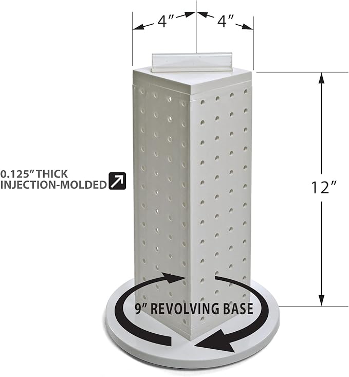 Azar Displays 700220-WHT-2W16 Four-Sided 4”W x 12” Revolving Pegboard Tower Kit Counter Display with 16-Pack of 2 inch Locking Hooks, White