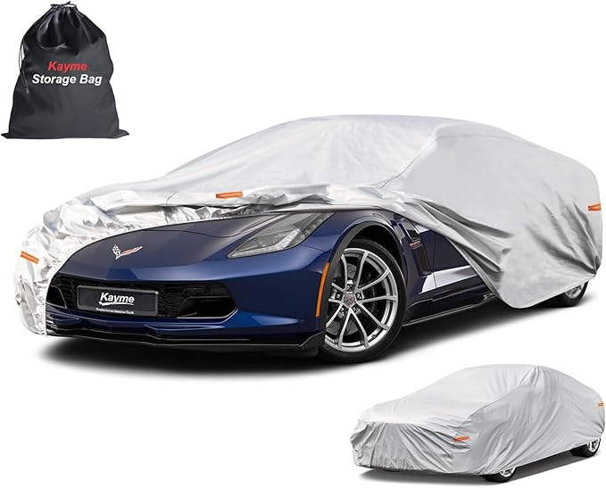 Kayme 6 Layers Car Cover Custom Fit for Chevrolet Corvette C4/C5/C7/C8 Coupe Convertible Targa (1980-2025) Waterproof All Weather for Automobiles, Outdoor Full Cover Rain Sun UV Protection.Silver