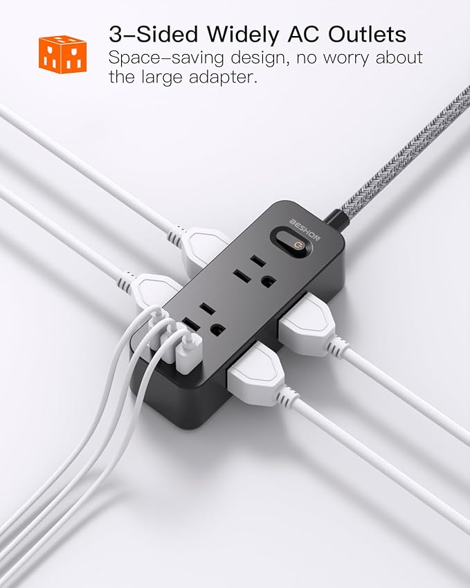 10 FT Black Extension Cord, BESHON Surge Protector Power Strip with 6 Outlets 3 USB Ports(1 USB C), 3-Side Outlet Extender, Flat Plug, Wall Mount for Home, Office, Travel, and Dorm Essential