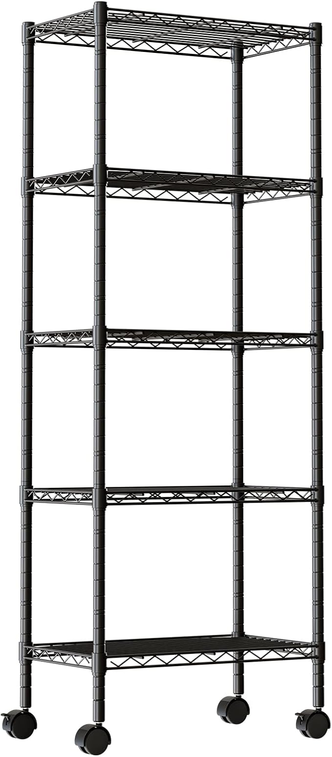 DUMOS Industrial 5 Level Grid Storage Rack ，Mobile Metallic Shelving System with Lockable Wheels， Multi-Purpose Cabinet for Workshop, Culinary Space, Storeroom, Washroom & Restroom Black