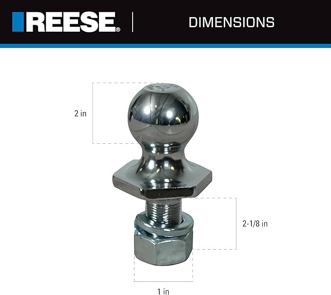 Reese Towpower 7008700 Interlock Trailer Hitch Ball, 1-7/8 Inch Diameter, 2,000 lbs. Capacity, 1 Inch Shank Diameter, 2-1/8 Inch Shank Length