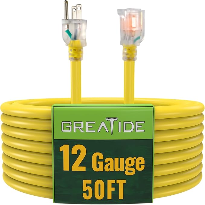 Outdoor Extension Cord with Lighted End, 12 Gauge Heavy Duty Extension Cord 50 FT, 3 Prong Grounded 15 Amp Extension Cord, 12/3 SJTW Waterproof Power Cord for Appliance, UL Listed, Black