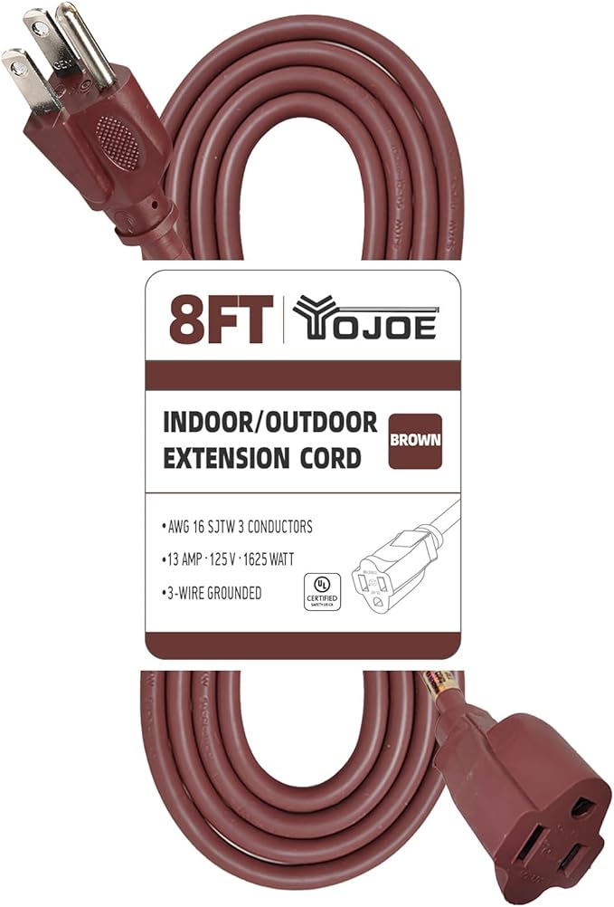 YOJOE Indoor Outdoor Extension Cord, 3 Prong 13A Weatherproof Power Cord, 16 Gauge Heavy Duty 8 ft Brown Extension Cord for Garage, Garden and Home, 16/3 SJTW UL Listed