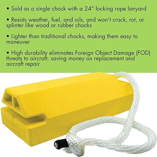 Checkers 20" Airplane Chocks, Aviation Wheel Chocks for Large and Oversized Aircraft, One Tire Chock for Polished Hangar Floors with Locking Rope, Durable Lightweight Urethane, Yellow, AC6820-LR-RP