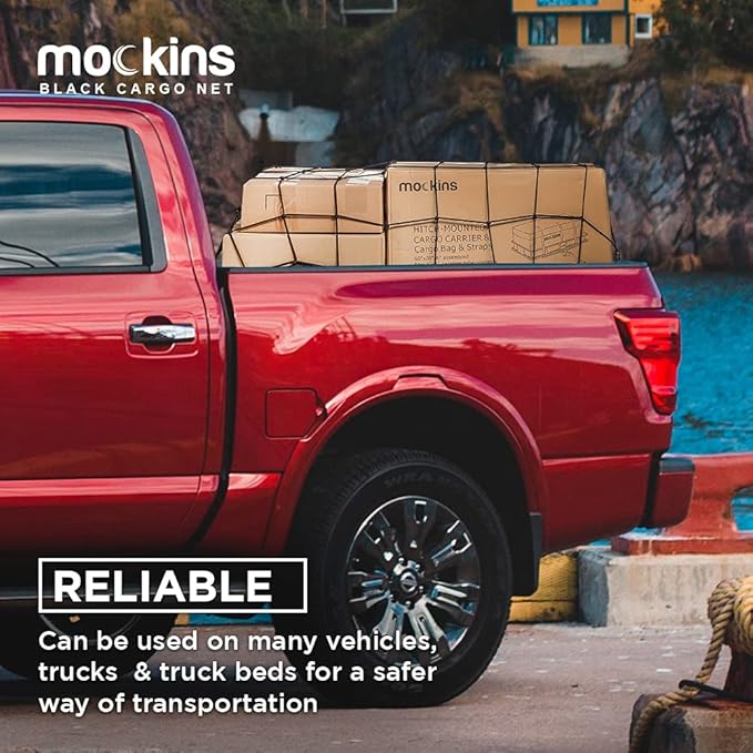 Mockins Black Heavy Duty 20.8" X 36.8" Bungee Cargo Net Stretches to 45" X 75" The Cargo Carrier Net Comes with 10 Hooks and can be Used with Any Car or Van SUV and Truck