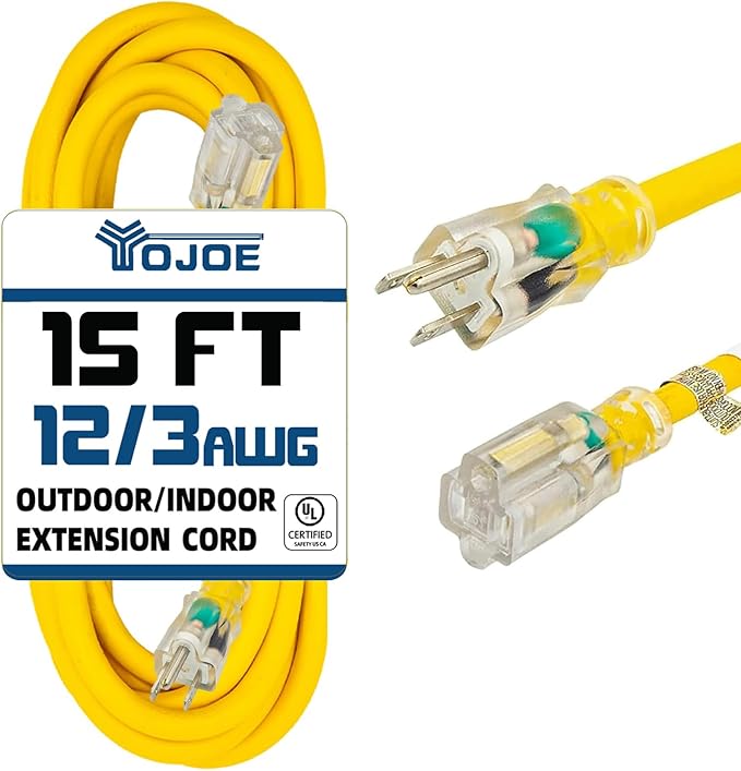 YOJOE Indoor Outdoor Extension Cord with Lighted End, 12 Gauge Heavy Duty 15 ft Yellow 3 Prong 15A Weatherproof Power Cord for Garage, Garden and Home, 12/3 SJTW UL Listed