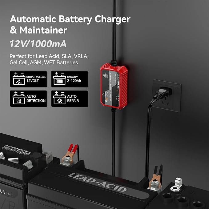 Foval Automatic Trickle Battery Charger 12V 1000mA Smart Battery Charger