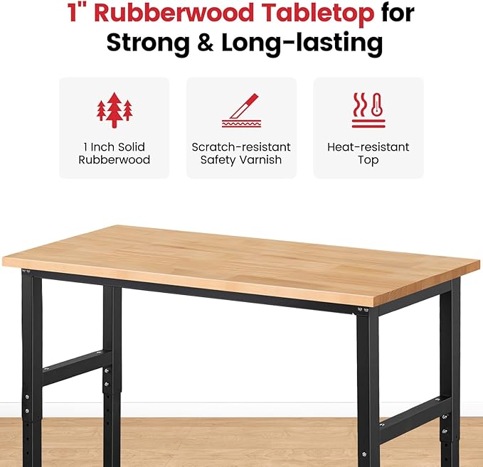 ENJOYWOOD 60" x 22" Garage Workbench Adjustable Height Work Table Heavy Duty Rubberwood Top Work Bench for Workshop, Office & Home