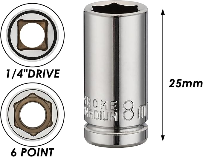 MIXPOWER 4PCS 1/4"Drive 8mm Deep&Shallow Socket, 6 Point, Cr-V Steel, 8mm