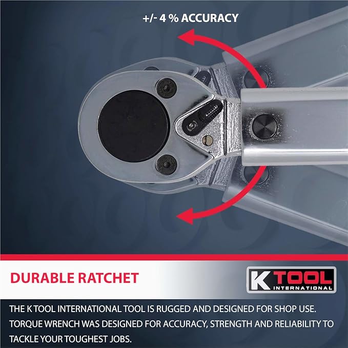 K Tool International 72175 Ratcheting Torque Wrench with 3/4" Drive for Garages, Repair Shops, and DIY, 100-600 ft/lbs., Click Style, Laser Marked Scales, Quick Release, Carrying Case, Non-Slip Handle