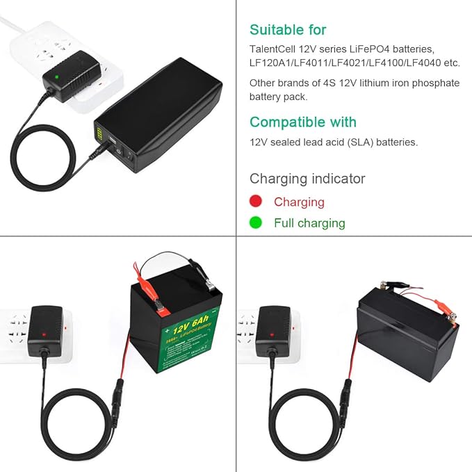 TalentCell AC/DC 12V LiFePO4 Battery Charger, 14.4 14.6V/1.5A Output with Dual Alligator Clips Connector for 4S 12/12.8V Rechargeable Lithium Iron Phosphate Battery Pack