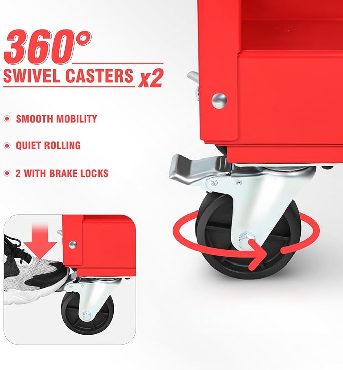 DNA Motoring 3-Layer Steel Utility Service Cart with Casters for Warehouse, Garage, Office, Supports Up to 330 lbs, Red, TOOLS-00413