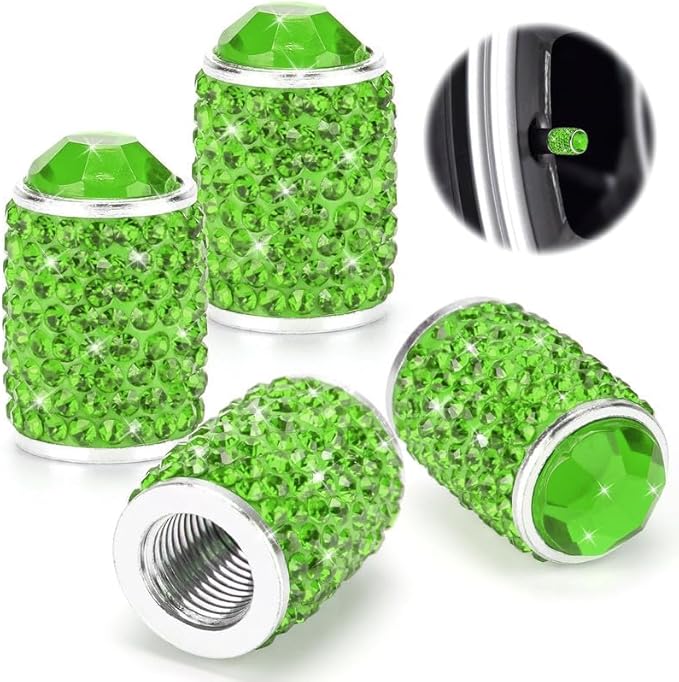 ToBeQueen Bling Green Valve Caps, 4 Pack Handmade Crystal Diamond Rhinestone Tire Valve Caps Universal Dustprood Bling Car Accessories for Women(Grass Green)