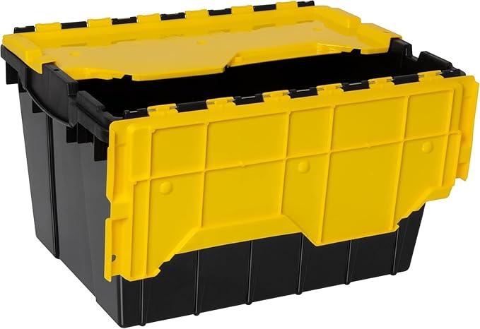 Akro-Mils KeepBox 12 Gallon Storage Container, Nesting and Stackable Plastic Storage Box with Lid Attached, Organizer Tote for Garages, Closets, Moving, 21-1/2" x 15" x 12-1/2", Black/Yellow, 6-Pack