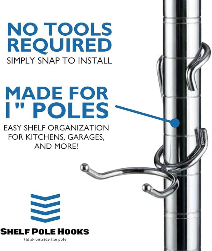 Shelf Pole Hooks 5-Pack | Chrome Variety Pack for Hanging | Snap-On Hooks for 1 Inch Poles | Wire & Metal Shelving Hooks for Kitchen, Garage & Home Organization