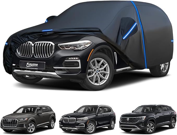 Kayme SUV Car Cover Custom Fit for BMW X5, Audi Q7/SQ7, VW Volkswagen Atlas, Windproof Upgraded & 100% Waterproof. All-Weather Full Exterior Cover Rain Sun Snow Protector with Door Zipper and Towel.