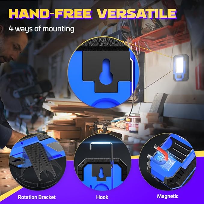 WARSUN LED Work Light Rechargeable Magnetic Portable Mechanic Worklight Battery Powered 1200 Lumens Super Bright for Car Repairing, Camping, Hiking, Stocking Stuffers Mens/Dad Gifts, Blue